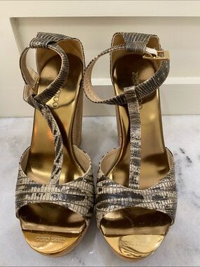 Jimmy Choo Snake Print Taupe and Brown Textured T-Strap Platform Sandals